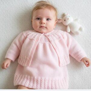 2 Piece Hand-Knit Light Pink Baby Dress and Matching Cardigan